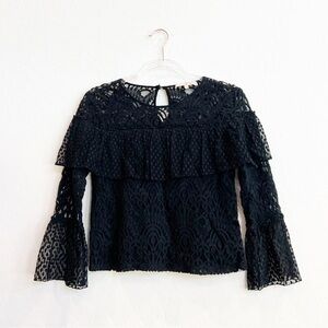 7 For All Mankind Women's Lace Swiss Dot Top Blouse Long Bell Sleeve Black XS